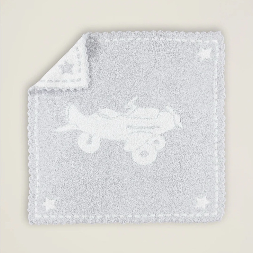Barefoot Dreams CozyChic Scalloped Receiving Blanket Blue-White & Airplane